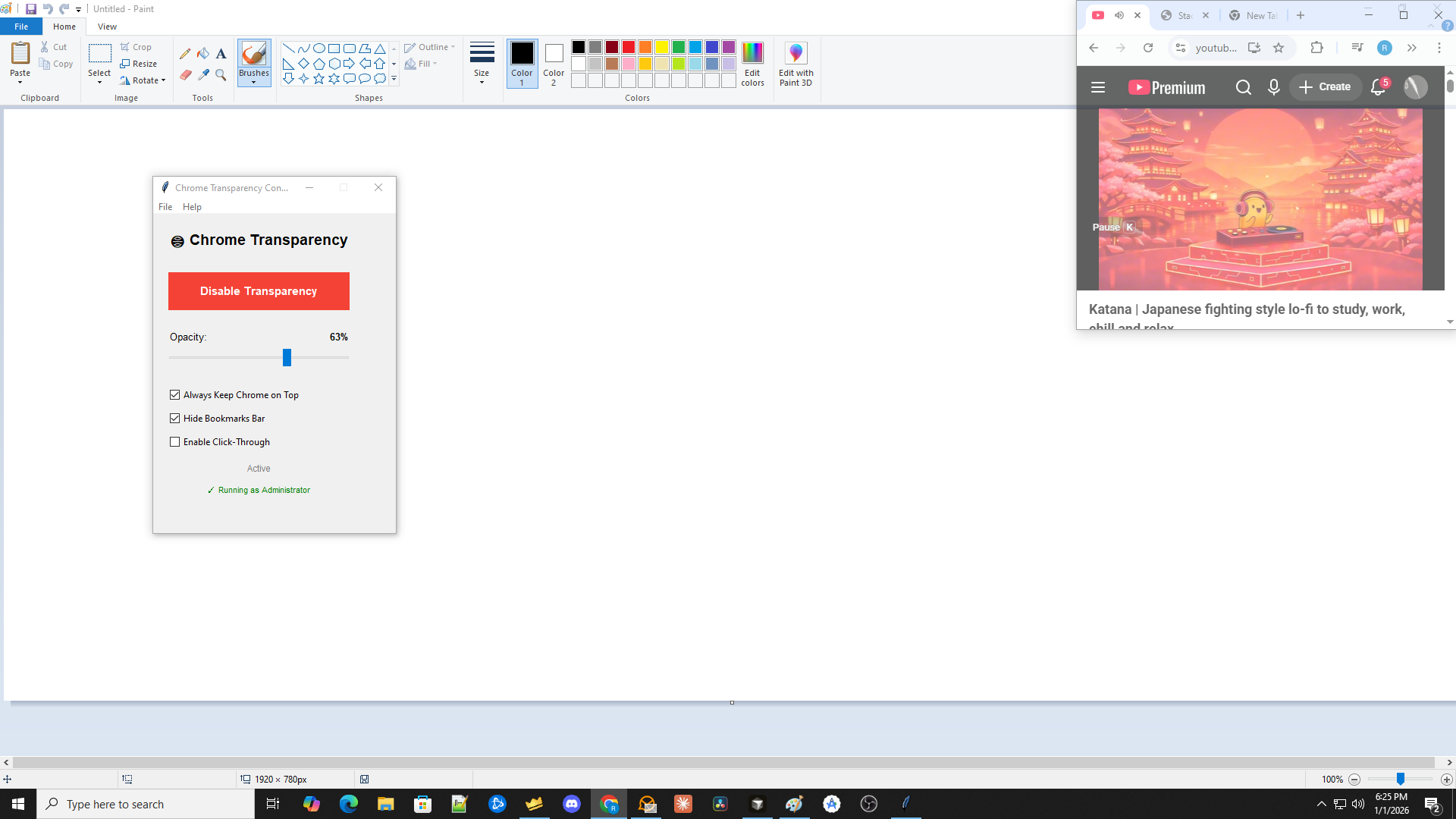 Chrome Transparency Controller Example - Transparent Chrome window showing YouTube video with Paint application visible behind