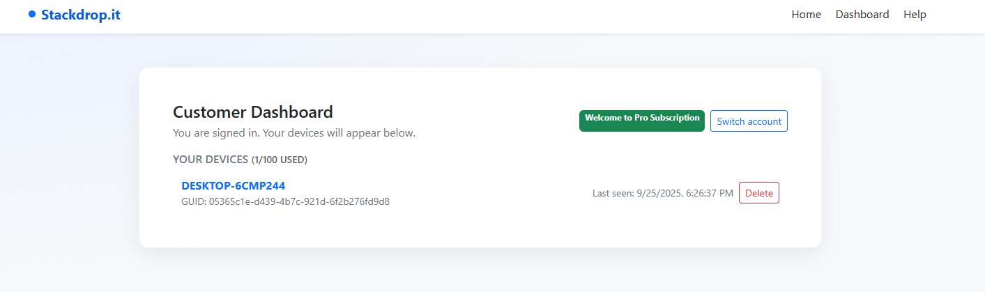 Stackdrop Pro Dashboard - Device Management View