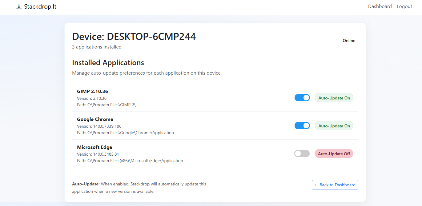 Stackdrop Pro Dashboard - Application Management View